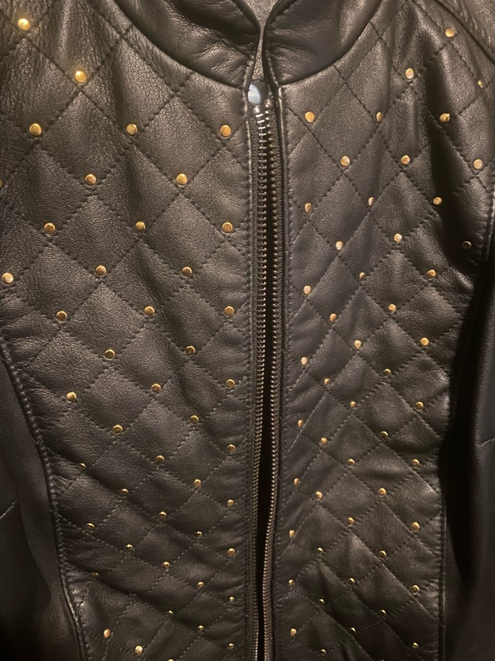 White House Black Market Black Quilted Faux-Leather Jacket with Gold Studs - Picture 2 of 6
